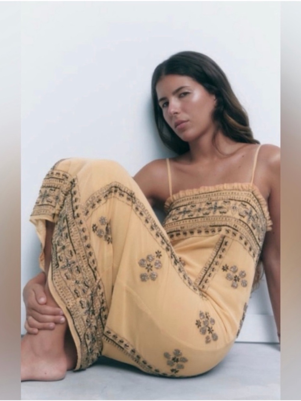 Zara Beige Embroidered Maxi Dress
